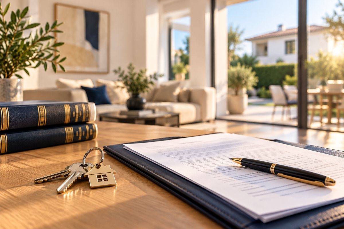 Llaves con llavero en forma de casa junto a un contrato, un bolígrafo y libros de leyes sobre una mesa, con un salón luminoso al fondo