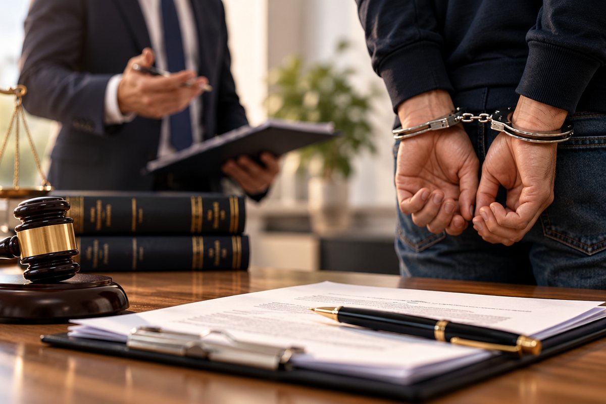 Abogado atendiendo a un detenido esposado, con un mazo, libros de leyes y un documento sobre la mesa