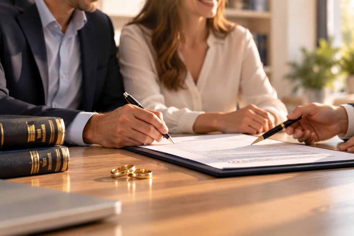 Una pareja firma el divorcio de mutuo acuerdo junto a su abogado, con las alianzas sobre la mesa