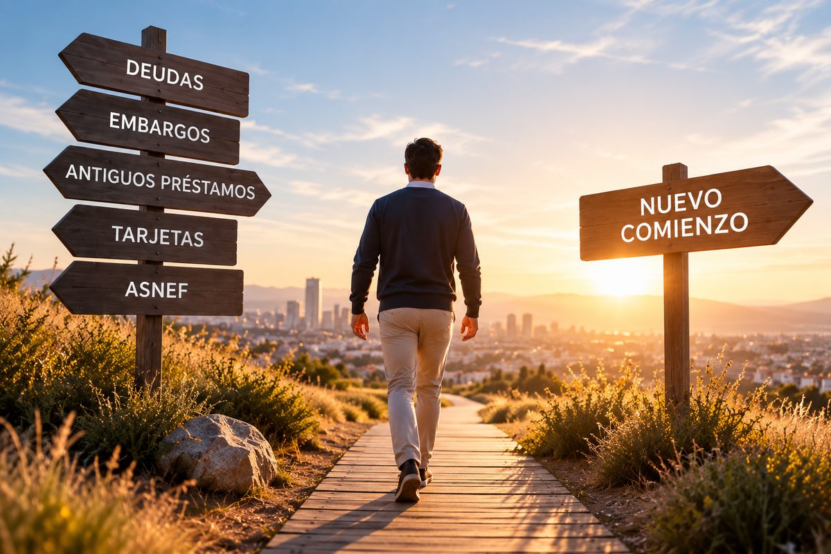 Persona caminando hacia un nuevo comienzo, dejando atrás deudas y embargos