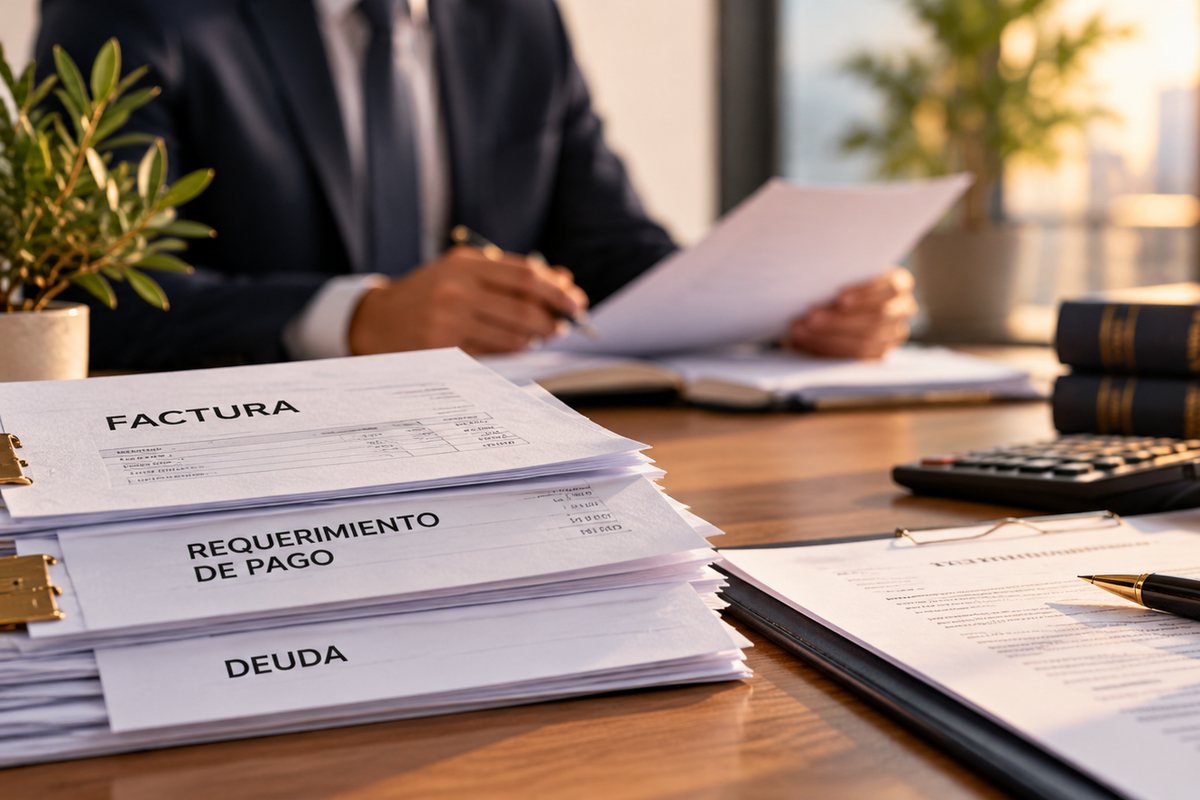 Pila de facturas, requerimientos de pago y documentos de deuda sobre una mesa, con una calculadora, libros de leyes y un abogado revisando un documento